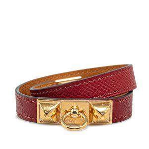 HERMES Gold Leather Charm Bracelet